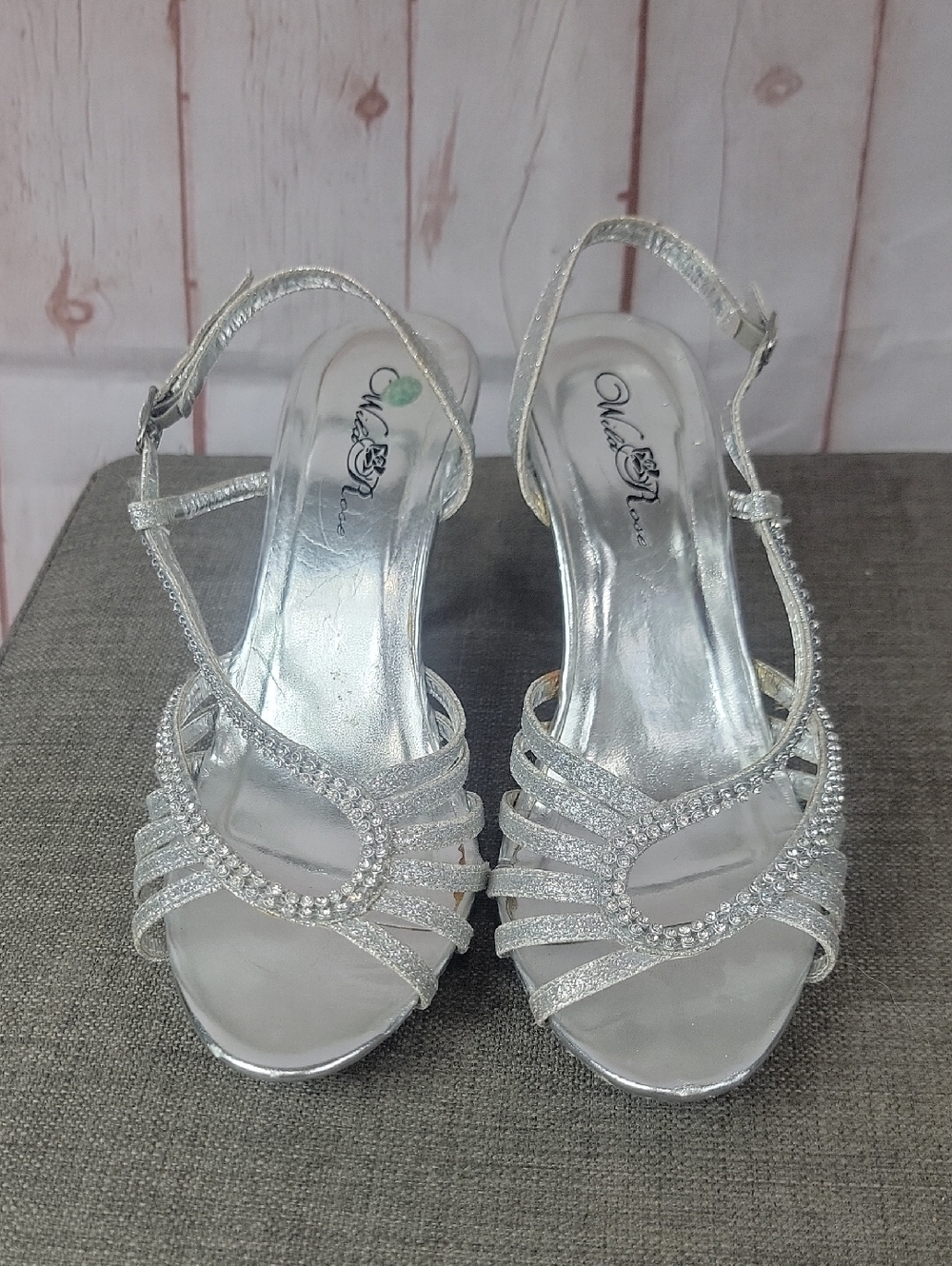 Wild Rose Silver Rhinestone Strappy Slingback Heels